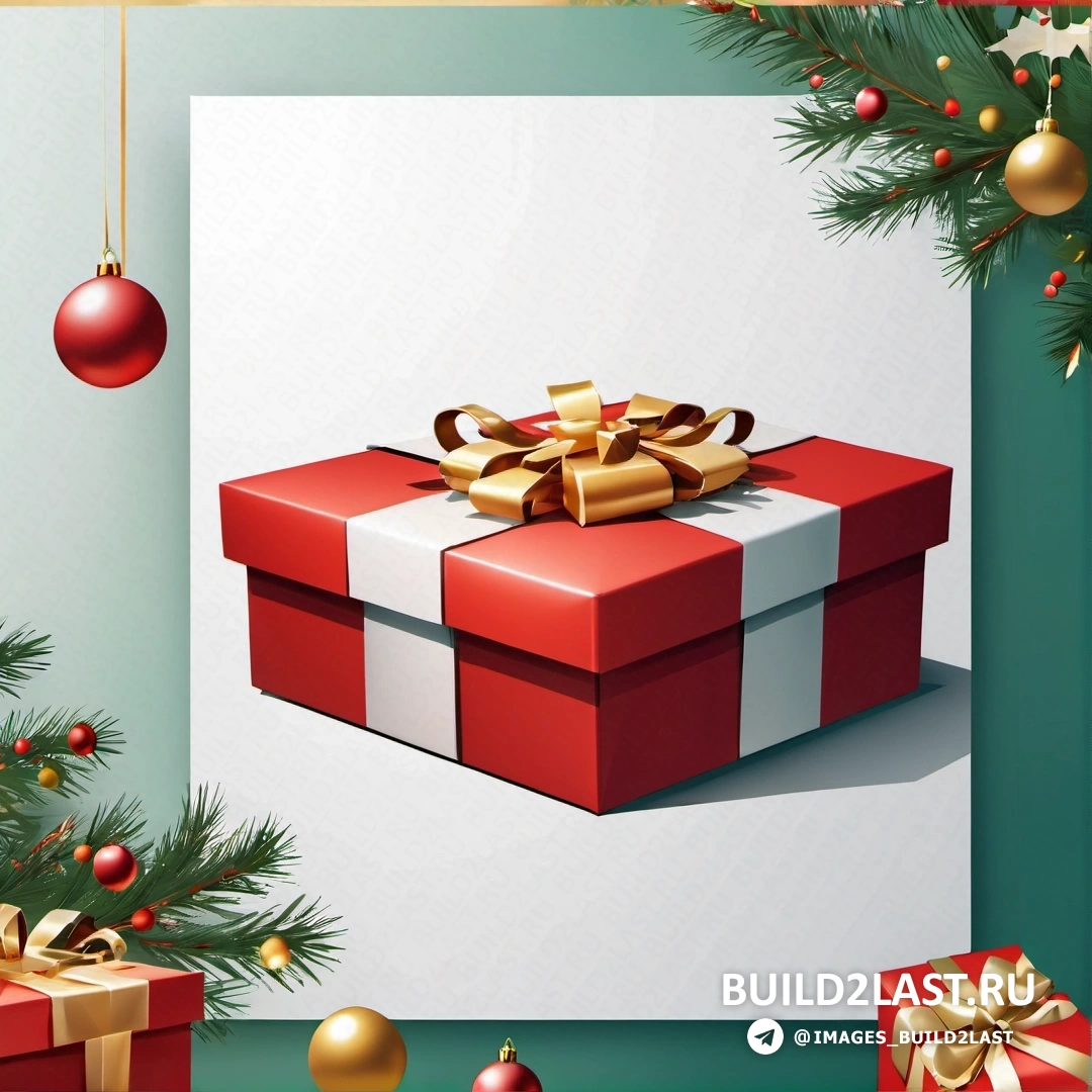 рождественская открытка с красно-белой подарочной коробкой и елочной веткой с украшениями