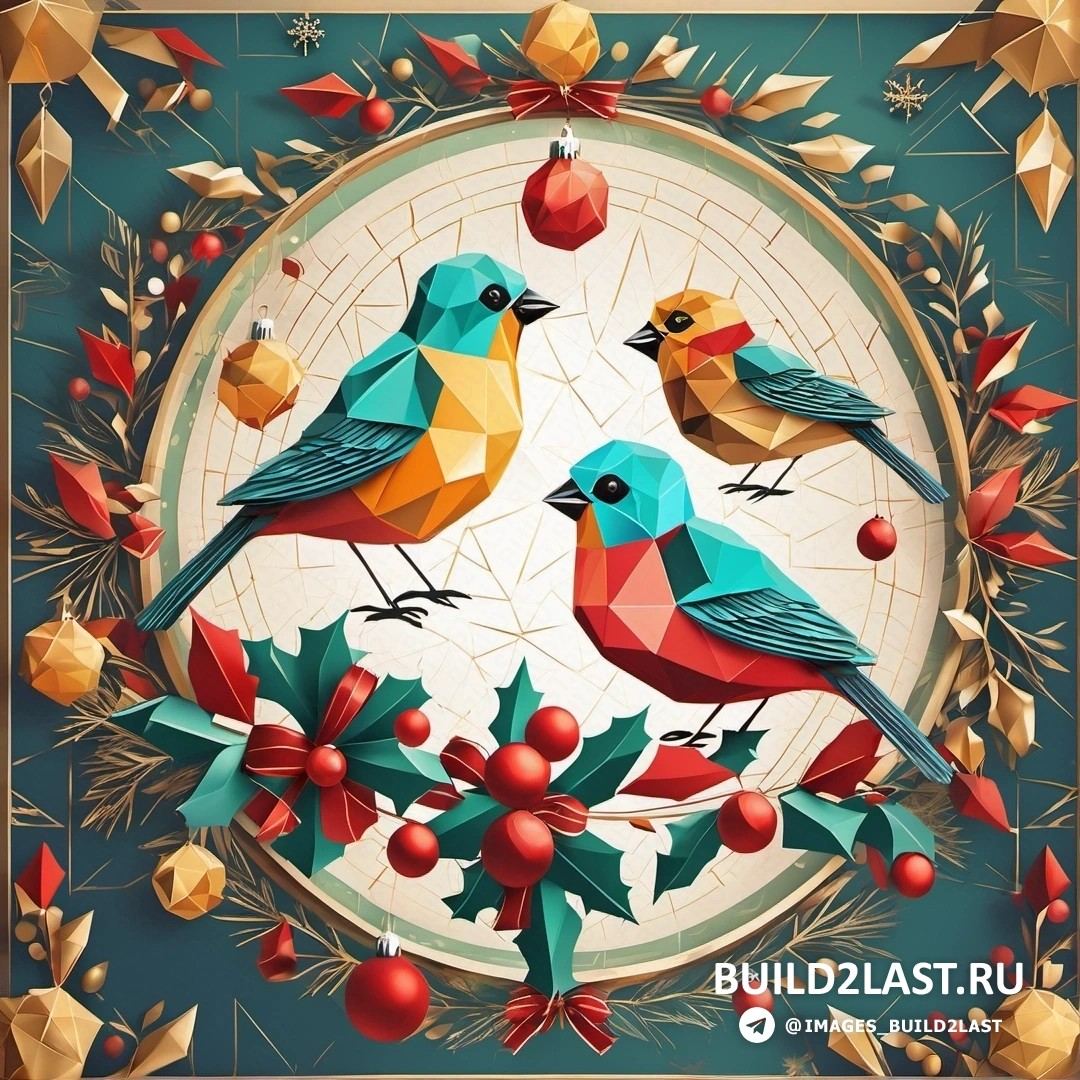 рождественская открытка с тремя птицами на ветке остролиста и звездой Давида