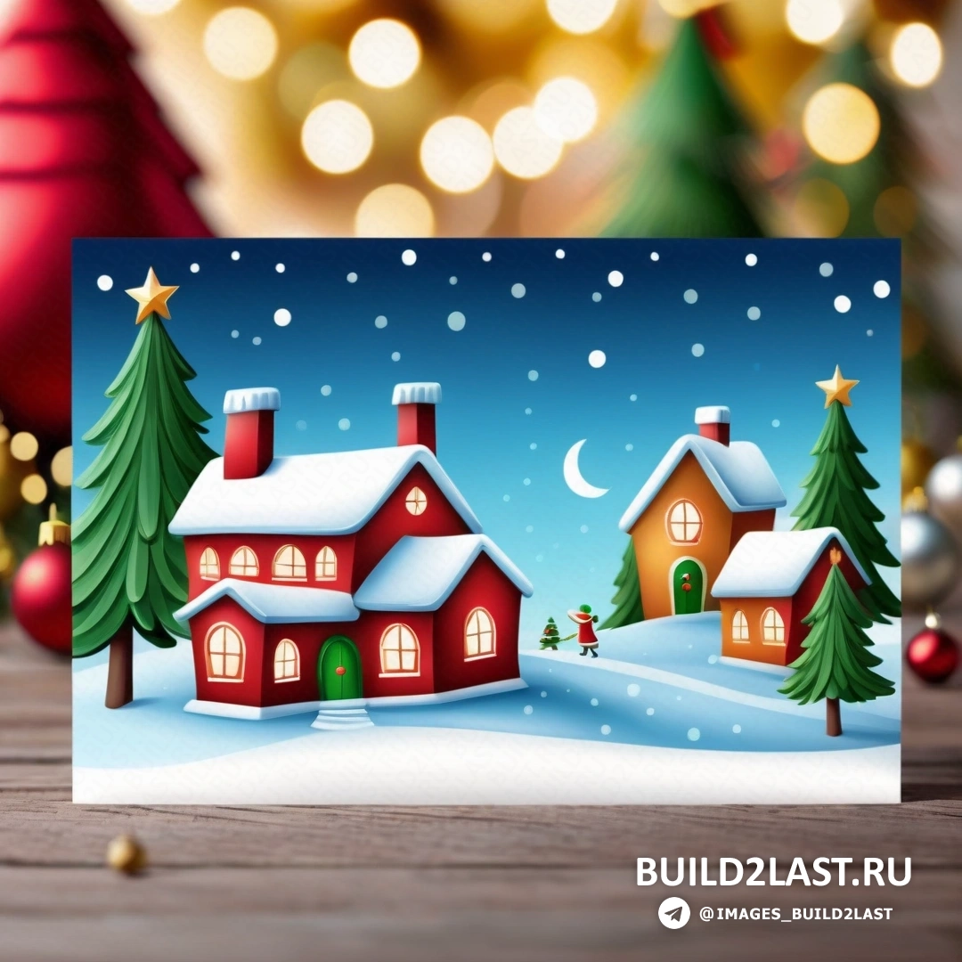 рождественская открытка с домом и деревьями в снегу с елкой