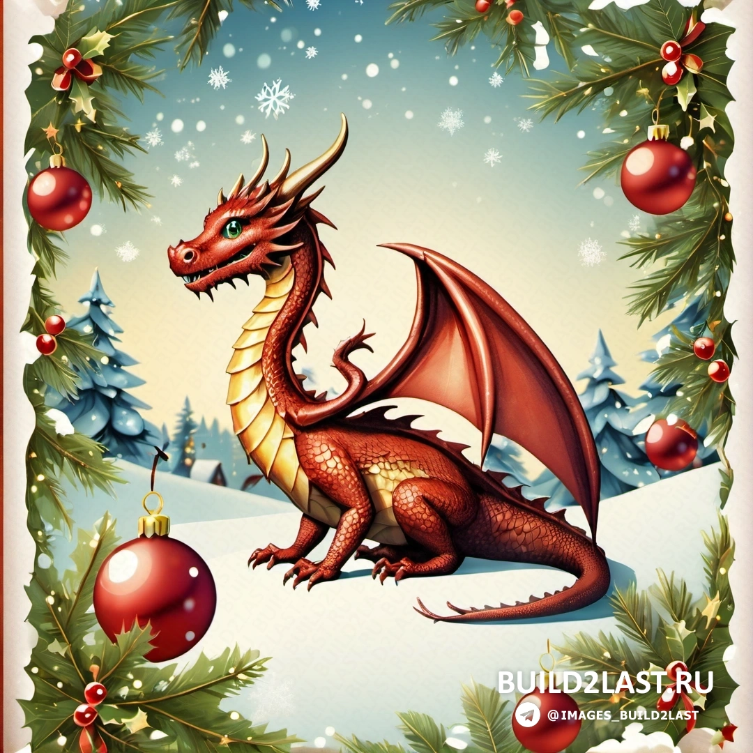 рождественская открытка с драконом и украшениями в снегу на фоне рождественской елки