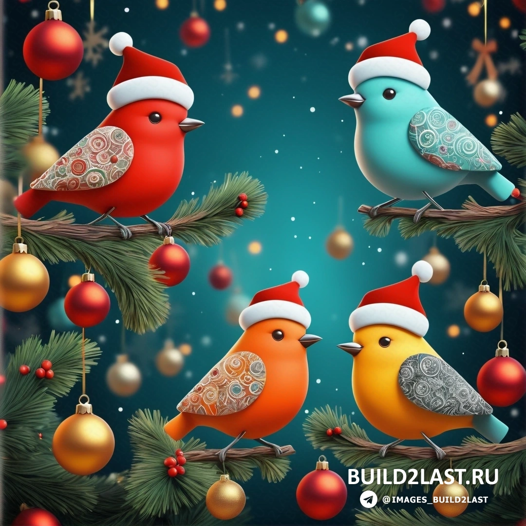 рождественская открытка с тремя птицами на ветке с украшениями и шариками на синем фоне