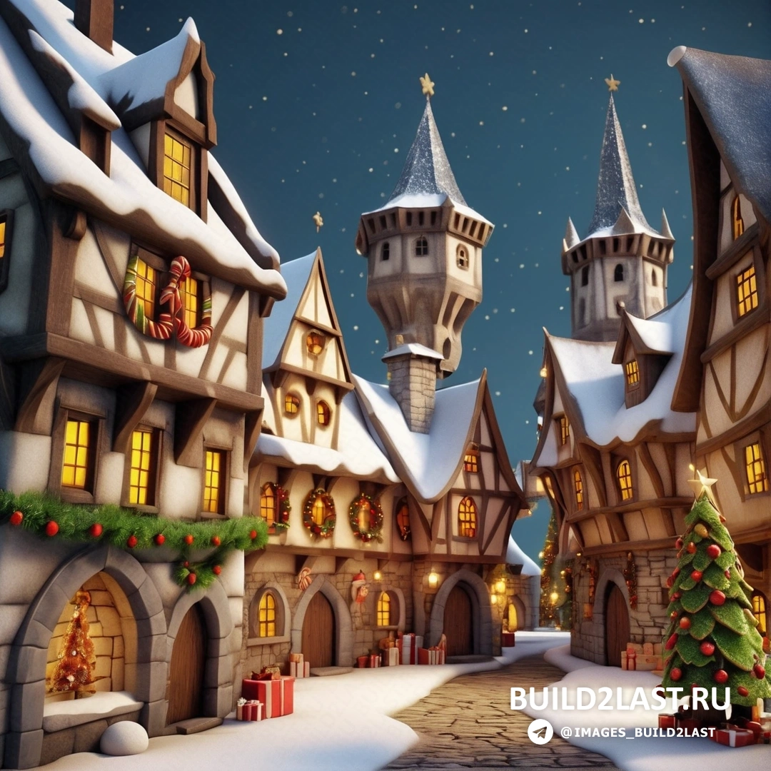 рождественская сцена с замком и елкой и заснеженной улицей