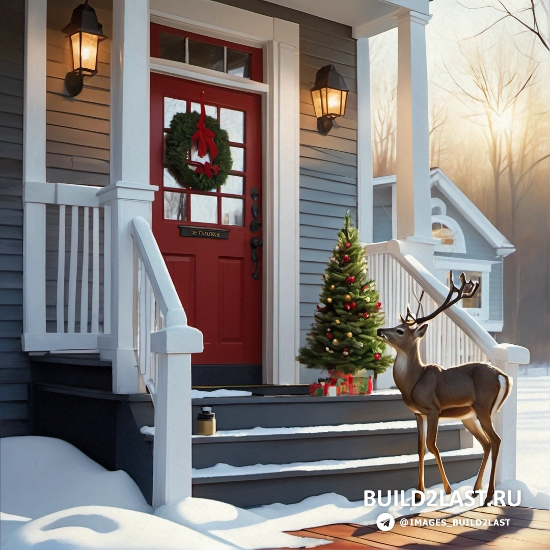 рождественская сцена с красной дверью и статуей оленя на крыльце дома с венком на двери