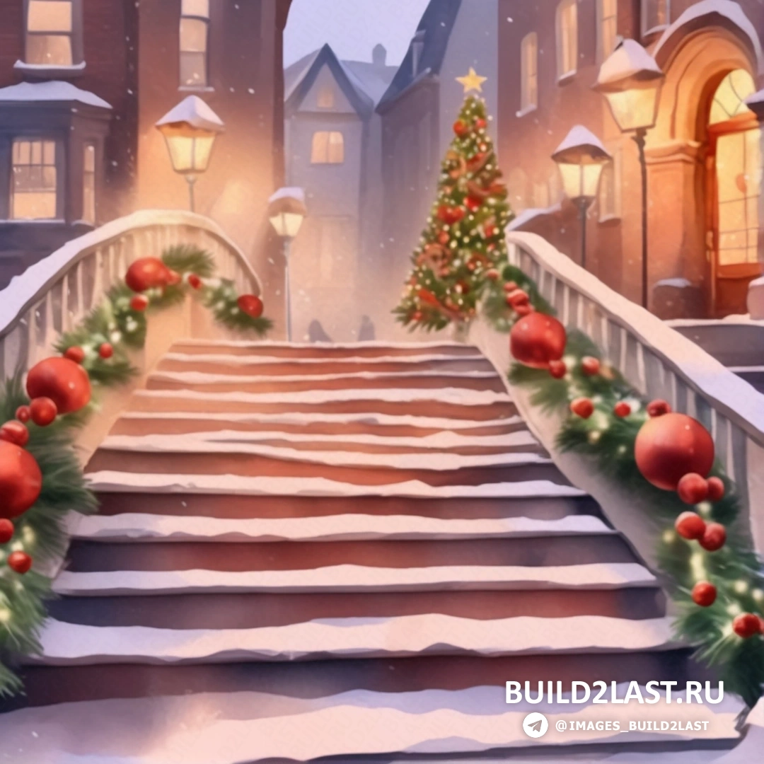 рождественская сцена с лестницей и елкой сбоку и освещенной улицей