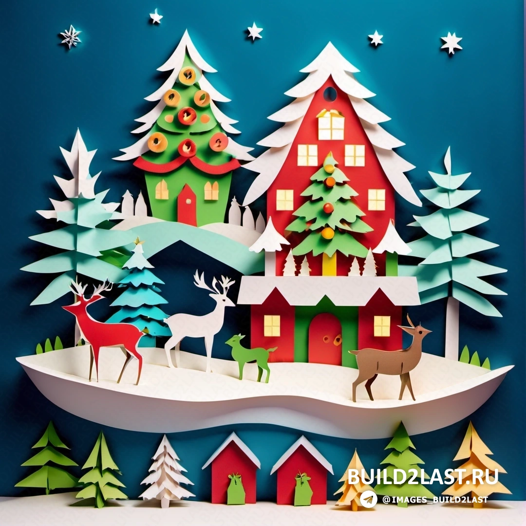 рождественская сцена с домом, деревьями и северным оленем
