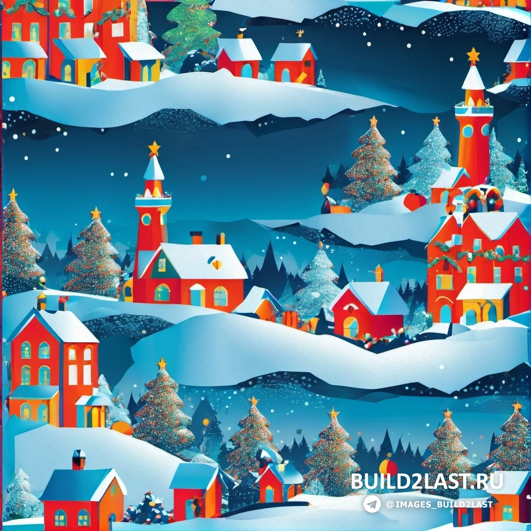 рождественская сцена с деревней и церковью в снегу с красной рамкой внизу картины