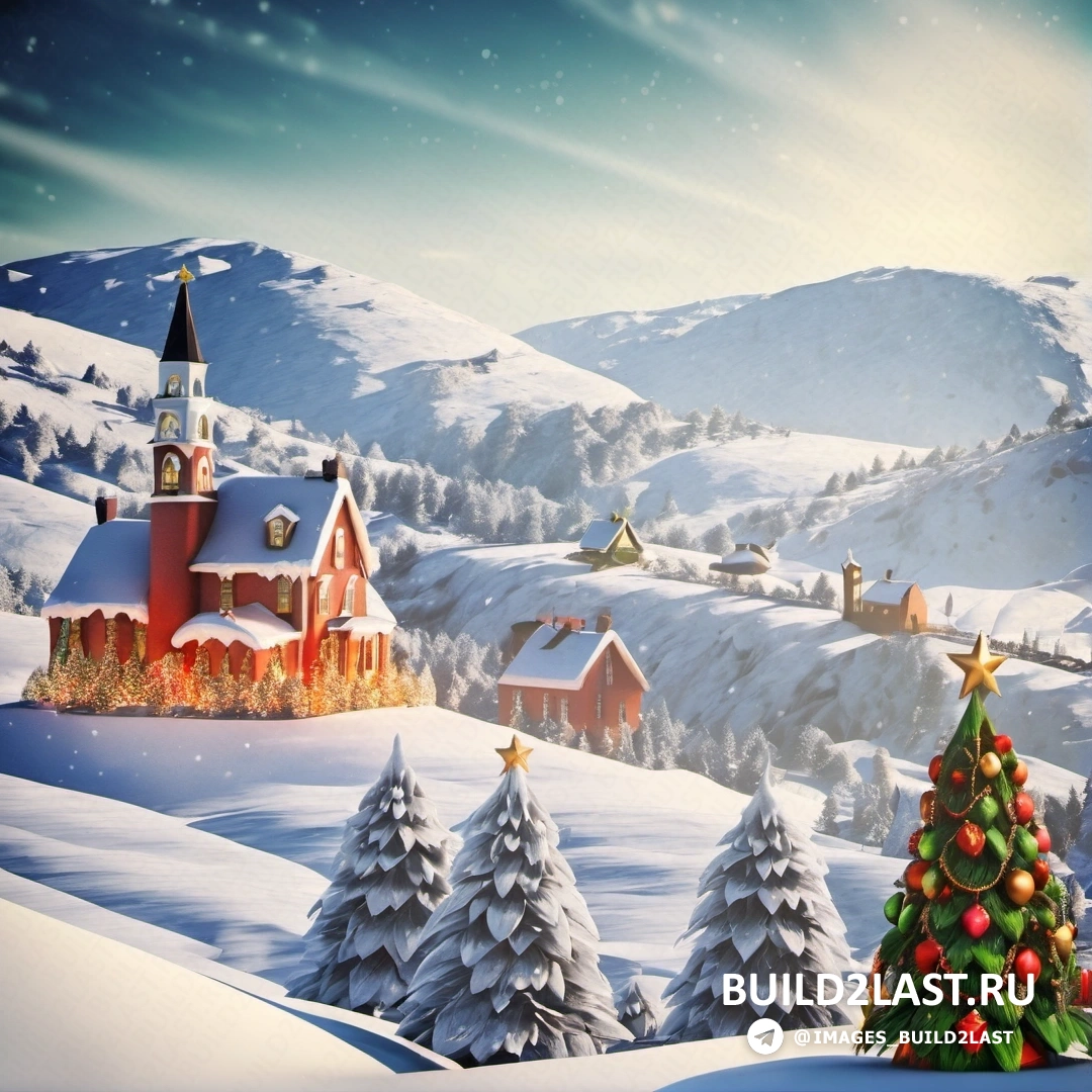 рождественская сцена с церковью и елкой и заснеженным пейзажем