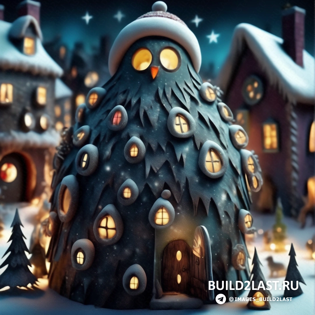 рождественская сцена с домом и деревьями с огнями, заснеженной крышей