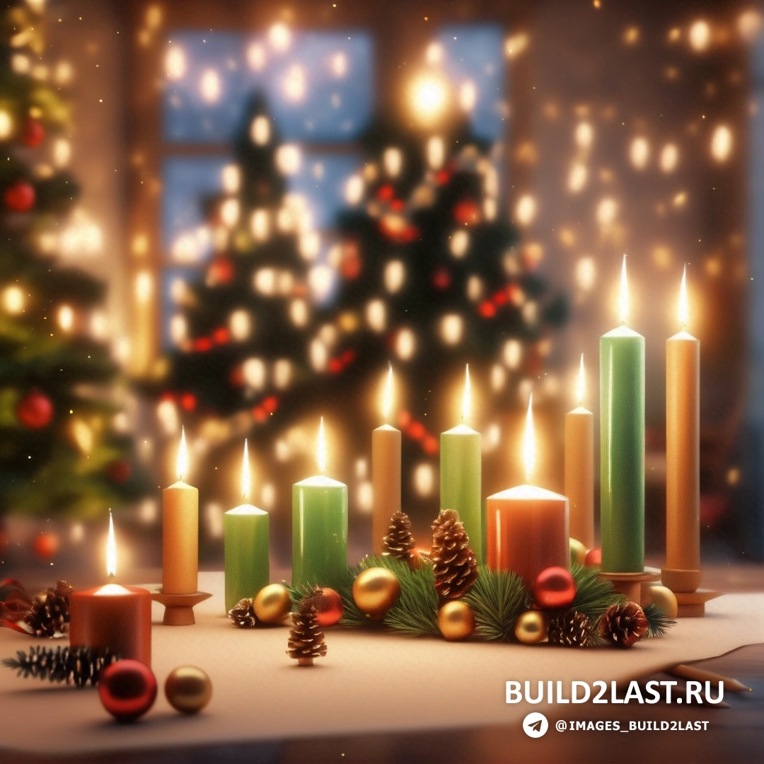 рождественская сцена с зажженными свечами и елкой с освещенным окном и зажженной свечой