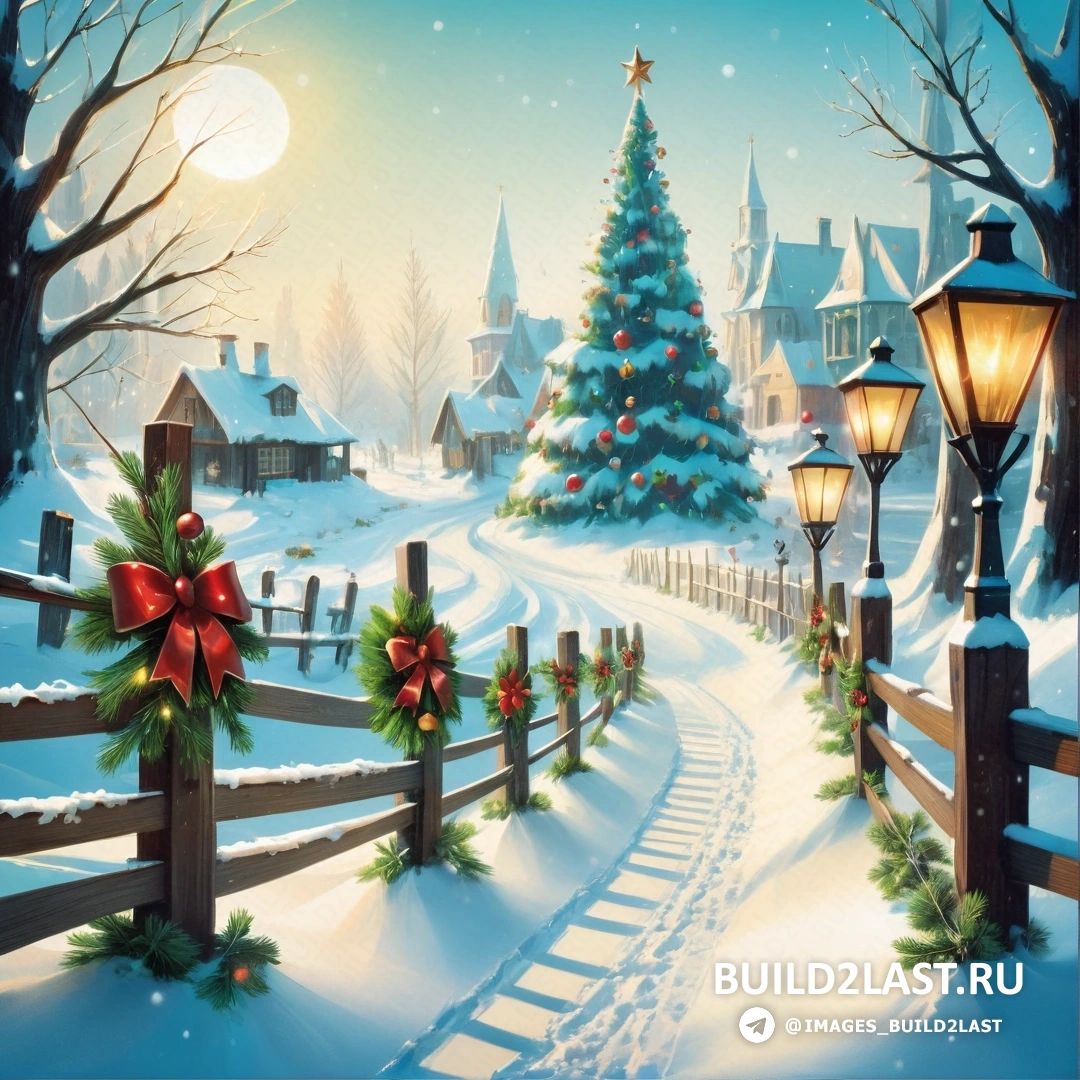 рождественская сцена с заснеженной дорогой и зажженной елкой с красным бантом и фонарем