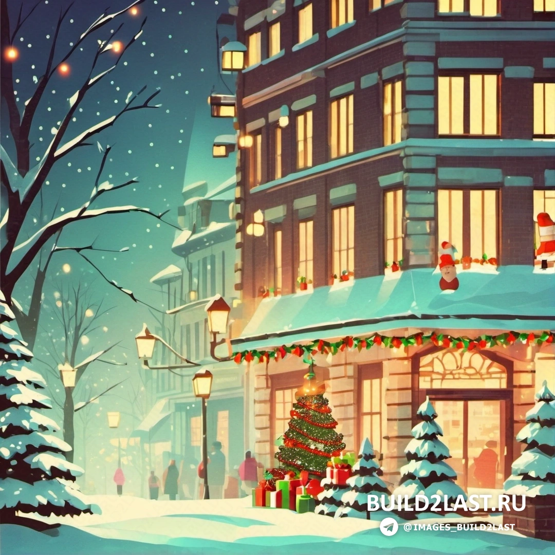 рождественская сцена с освещенной елкой и зданием с дедом морозом