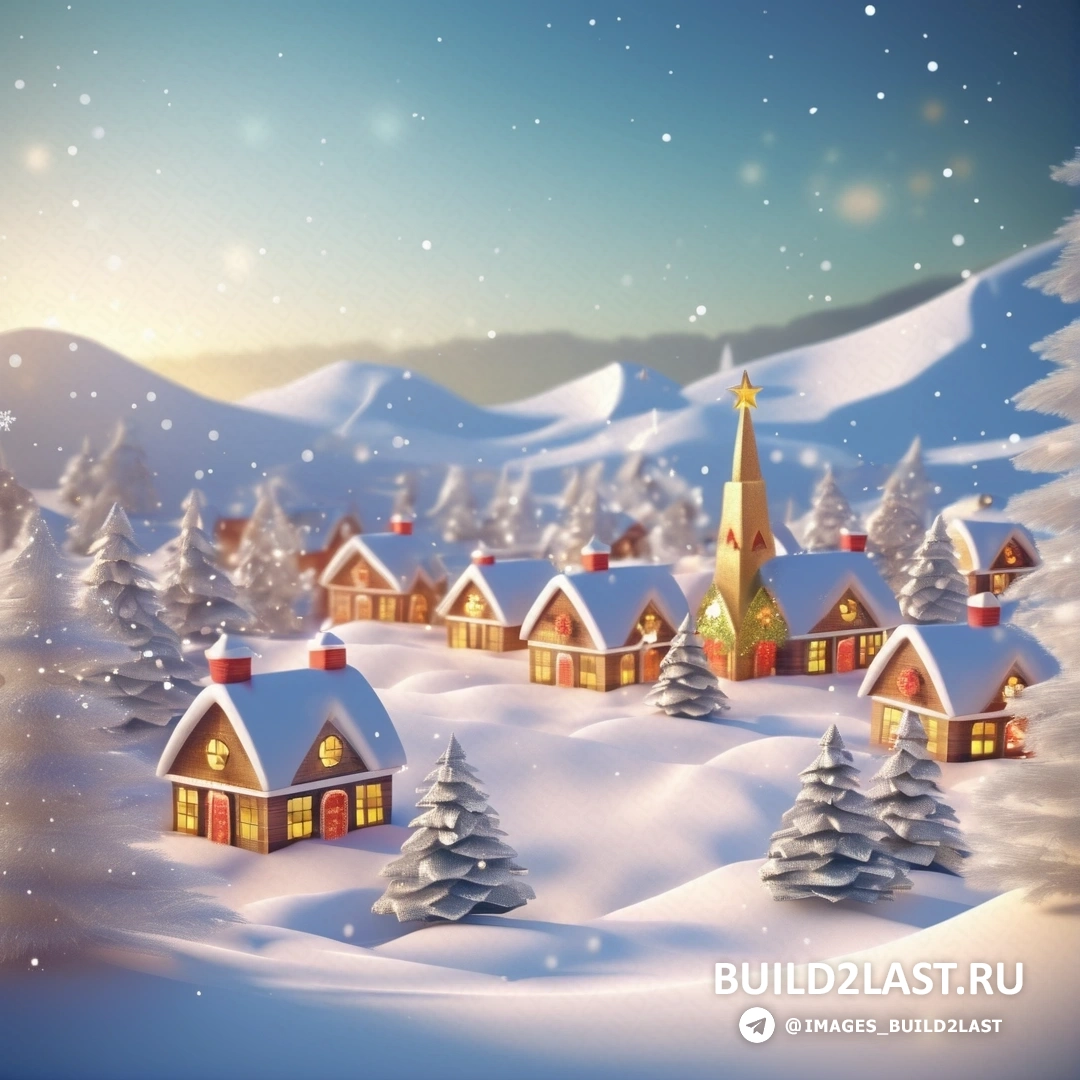 рождественская сцена с деревней и церковью в снегу с полной луной на небе над головой