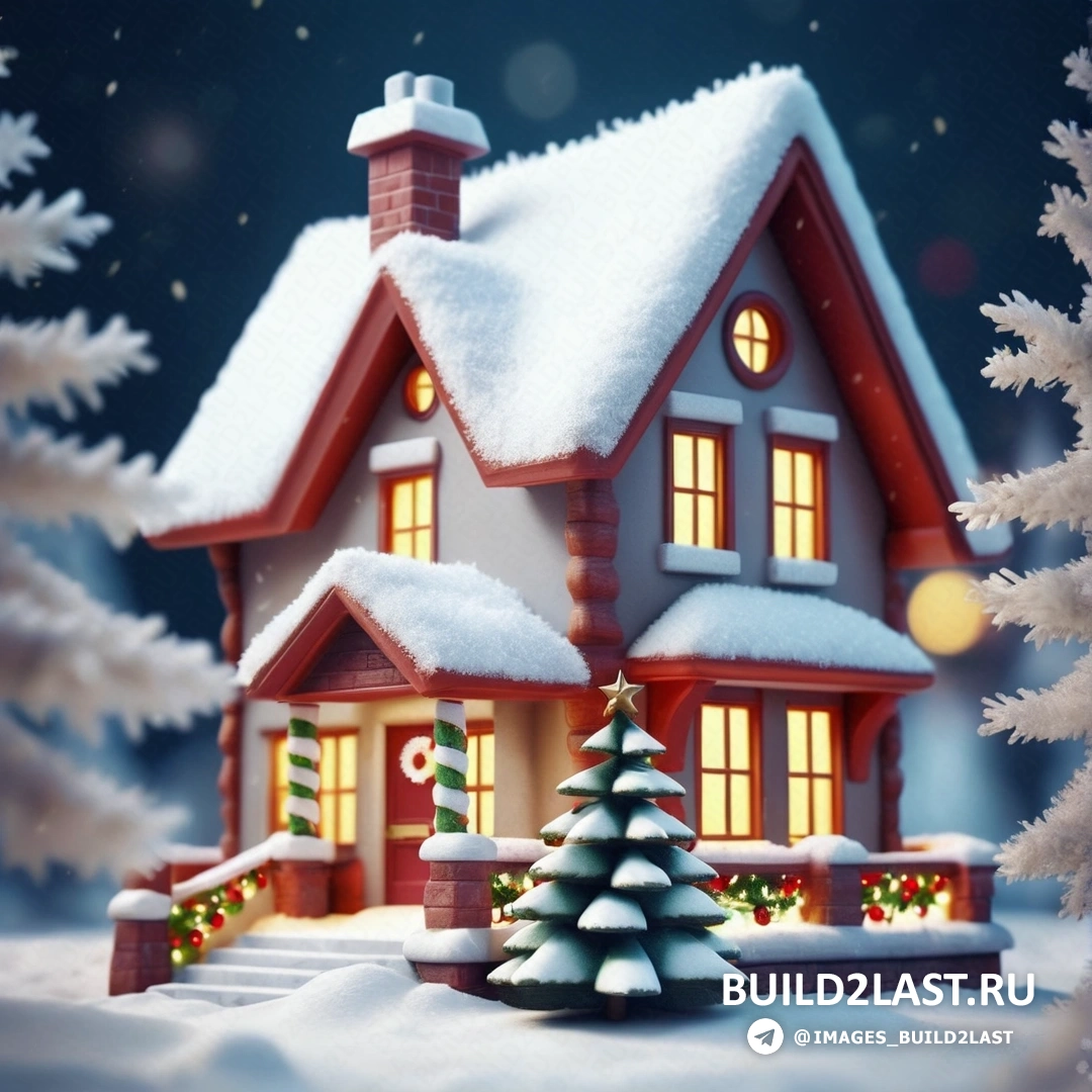 рождественская сцена с домом и елкой в снегу с гирляндой на крыше и снегом на земле