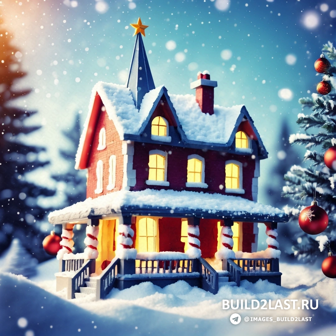 рождественская сцена с домом и елкой в снегу со звездой на вершине