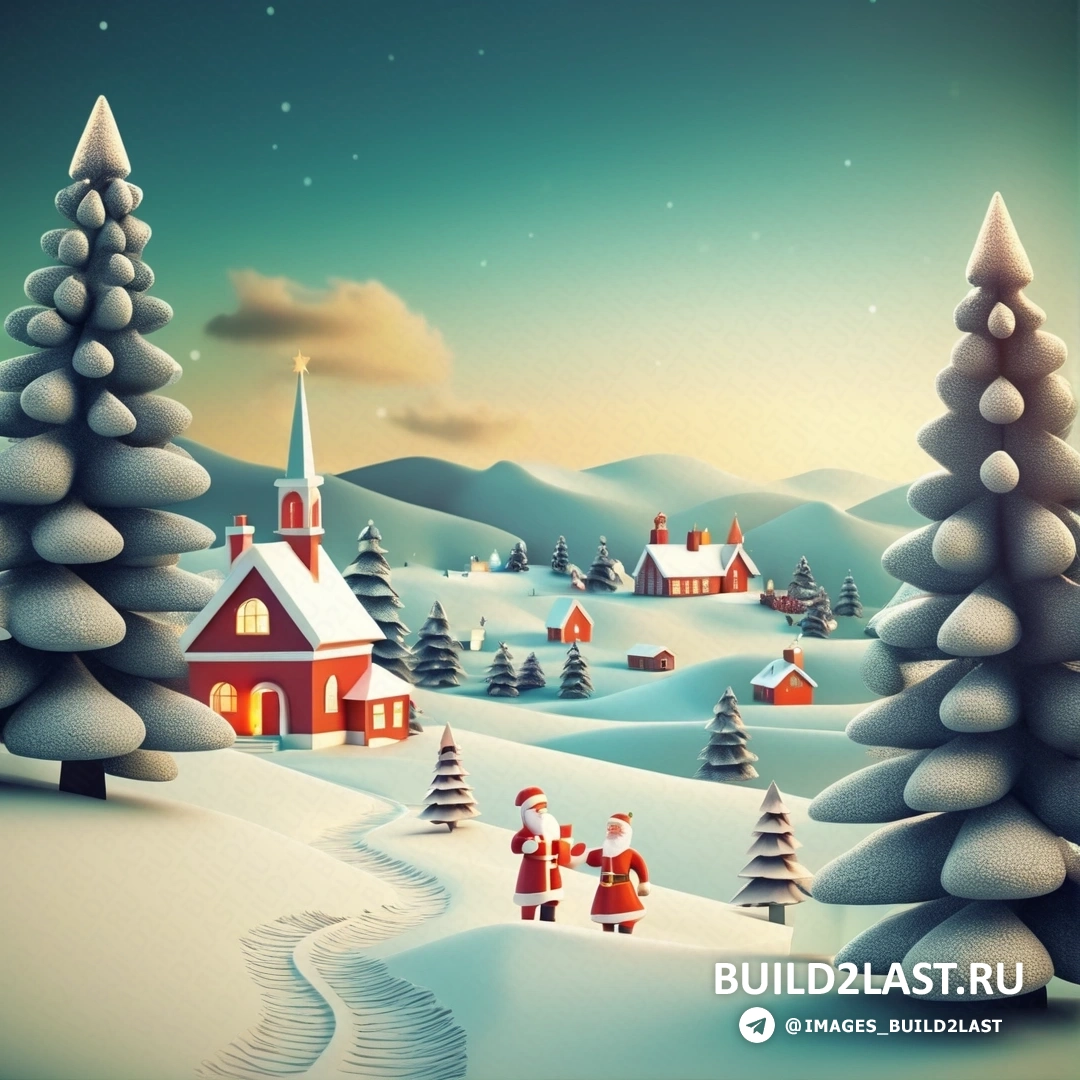 рождественская сцена с церковью и деревьями в снегу с Санта-Клаусом на крыше