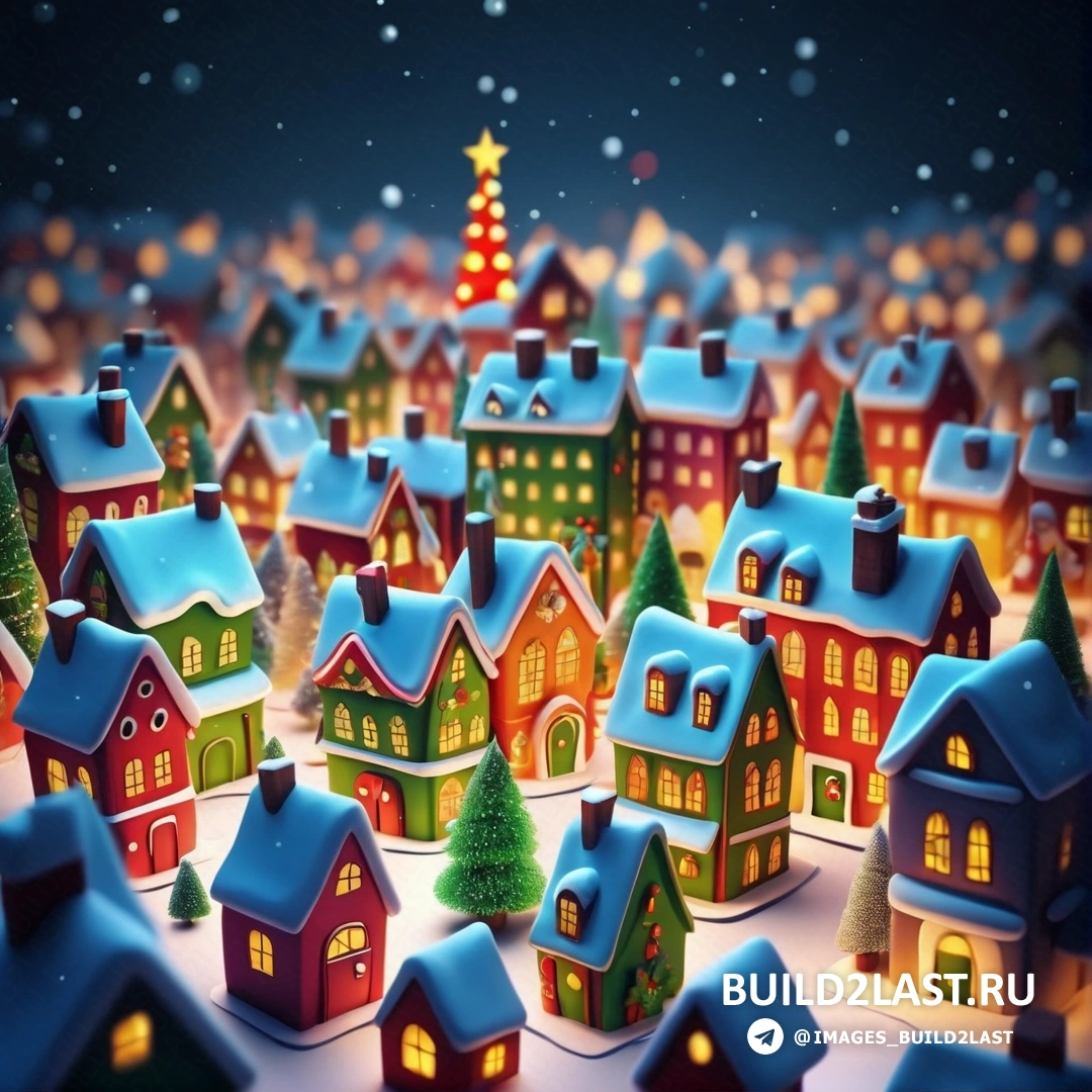 рождественская сцена с городком и елкой в центре картины, с заснеженной землей