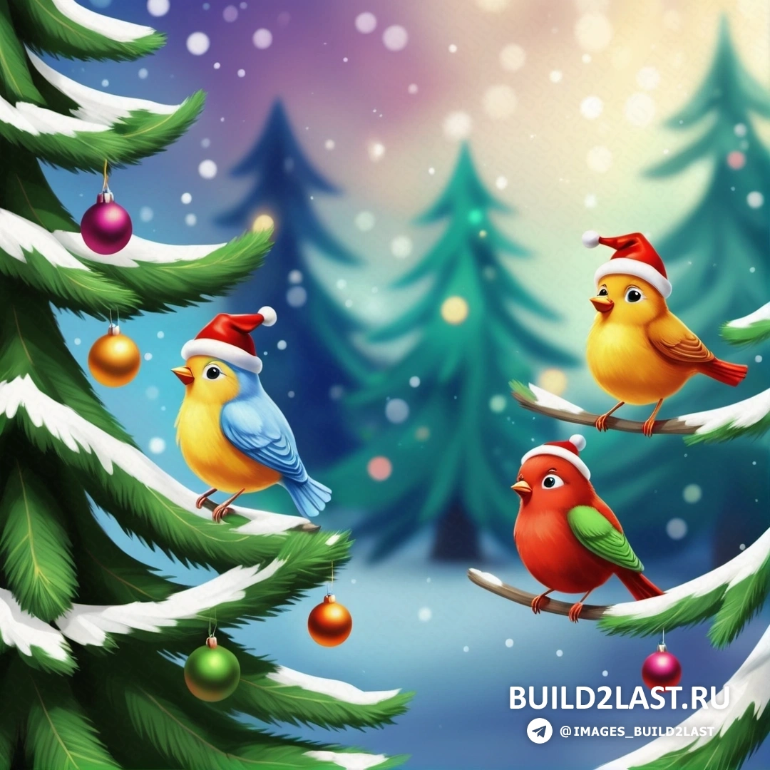 рождественская сцена с тремя птицами на ветке с орнаментом и заснеженной сосной