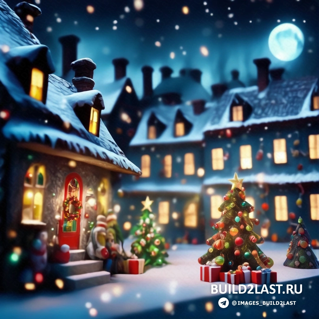 рождественская сцена с домиком и елкой в снегу на фоне полной луны