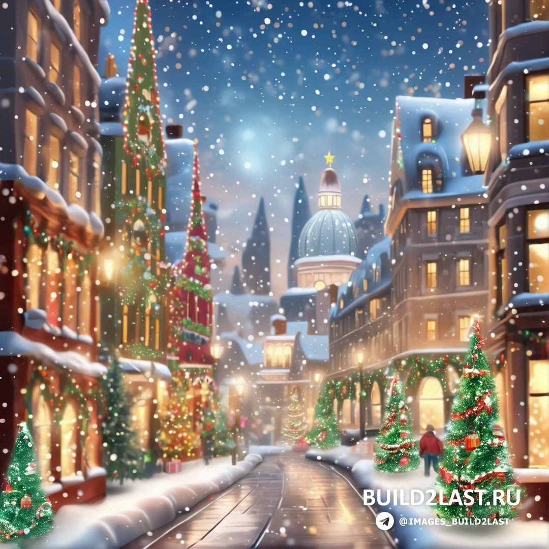 рождественская сцена с поездом на путях и заснеженной улицей с елками и зданиями