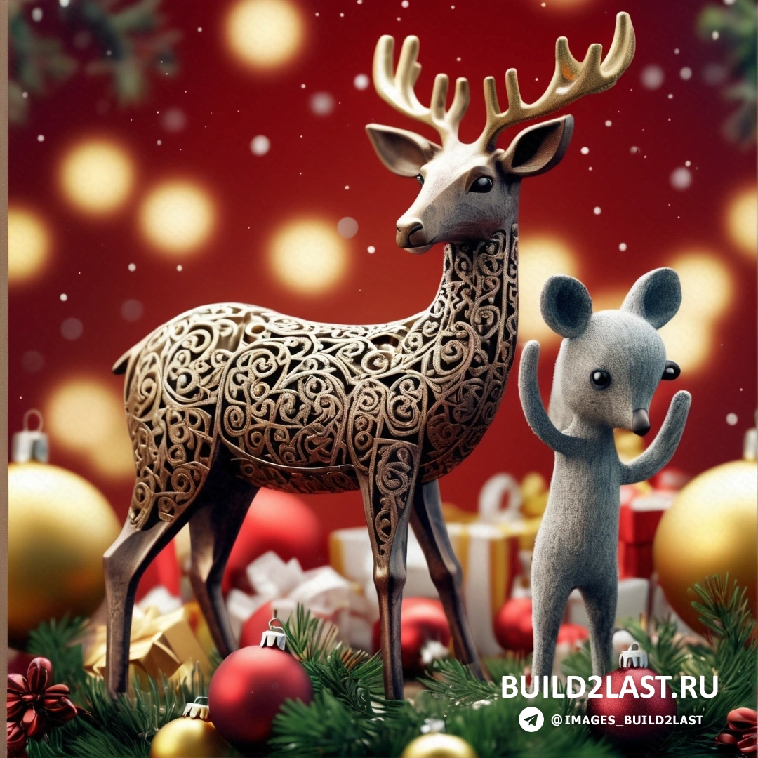рождественская сцена с оленем и мышкой и красным фоном с золотым орнаментом