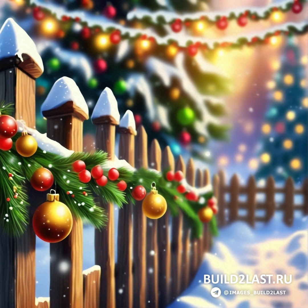 рождественская сцена с забором и елкой с огнями и украшениями , а также заснеженным забором
