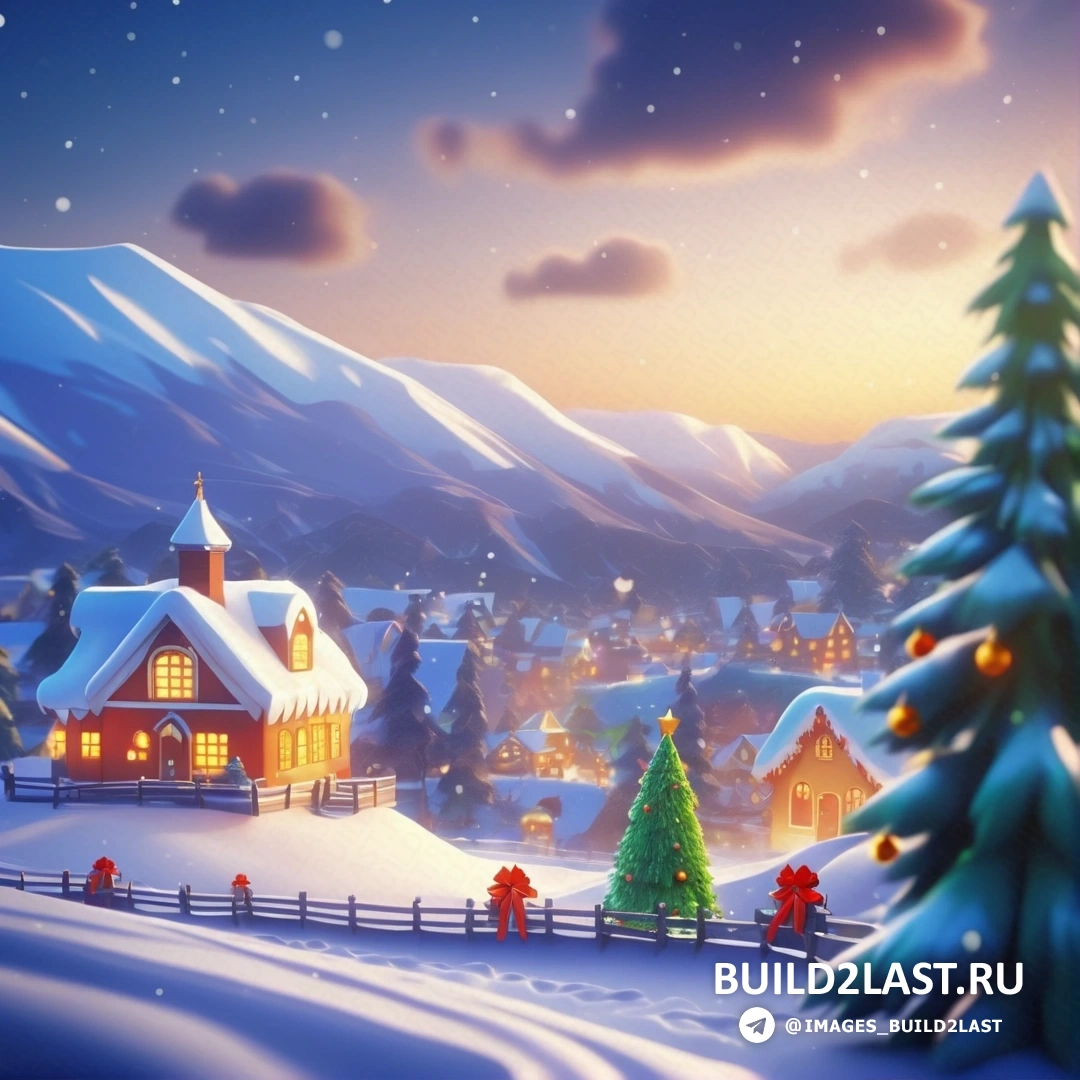 рождественская сцена с заснеженной деревней и елкой