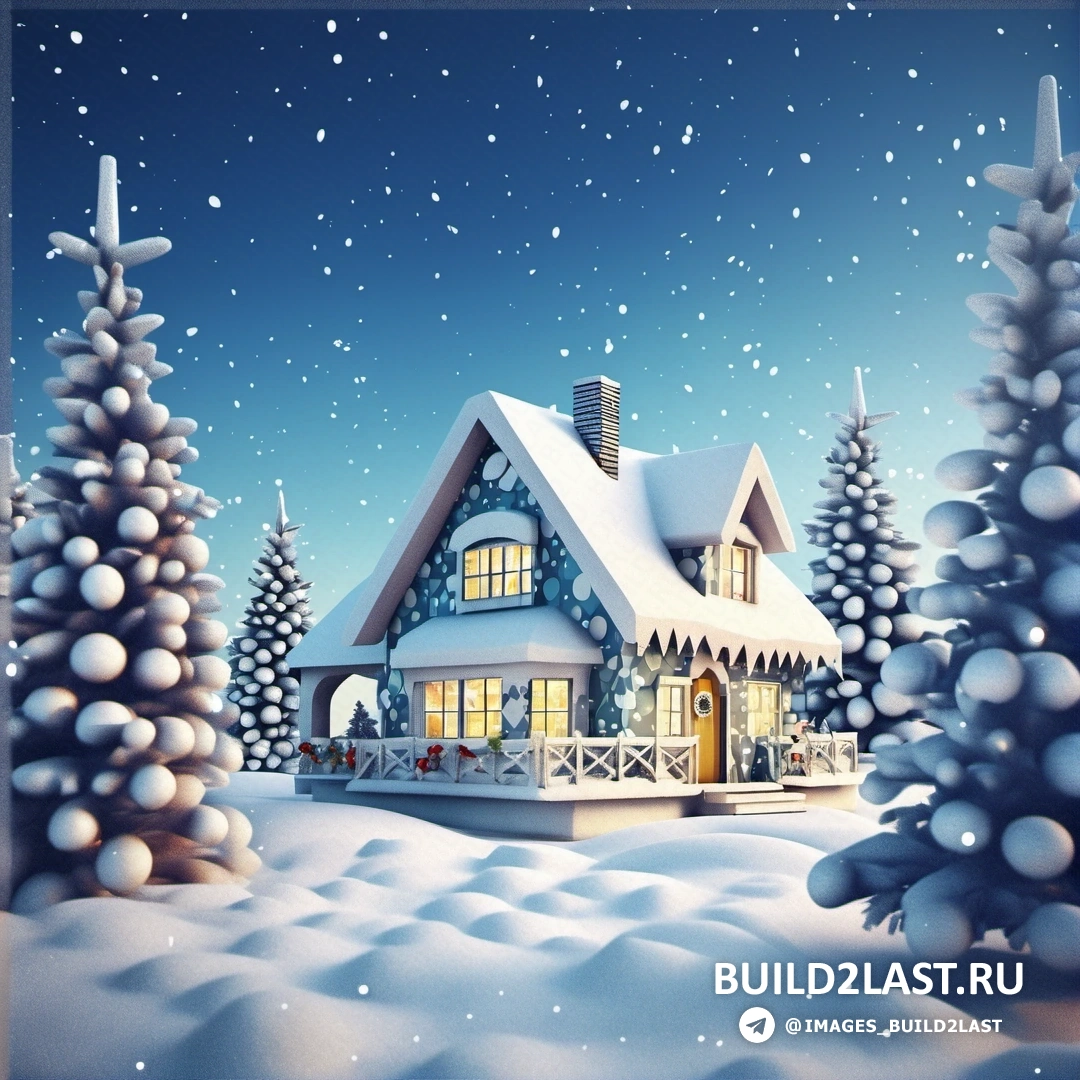 рождественская сцена с домом и деревьями в снегу на фоне голубого неба и звезд