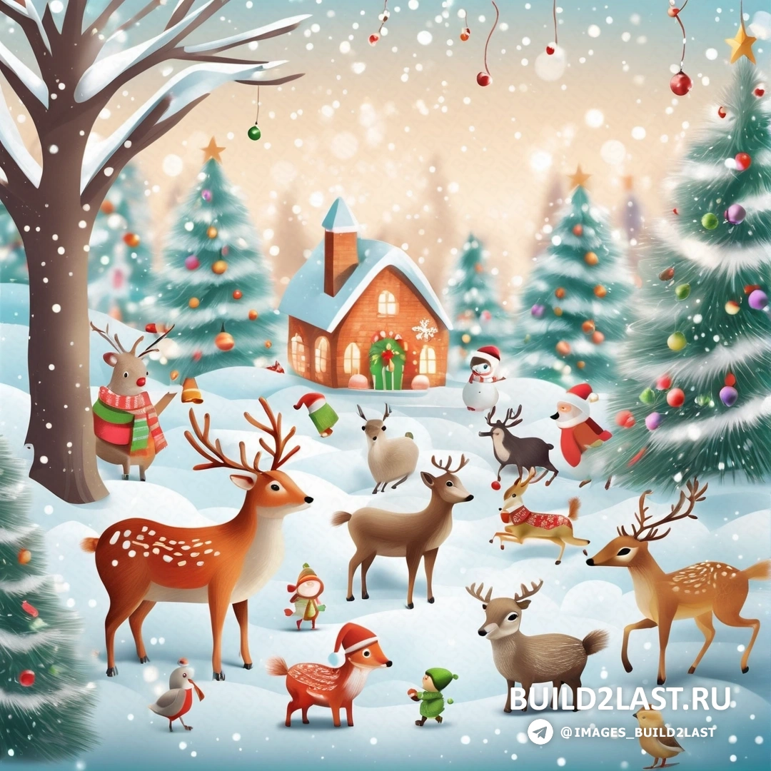 рождественская сцена с оленями и домом в снегу с Санта-Клаусом на крыше и северным оленем