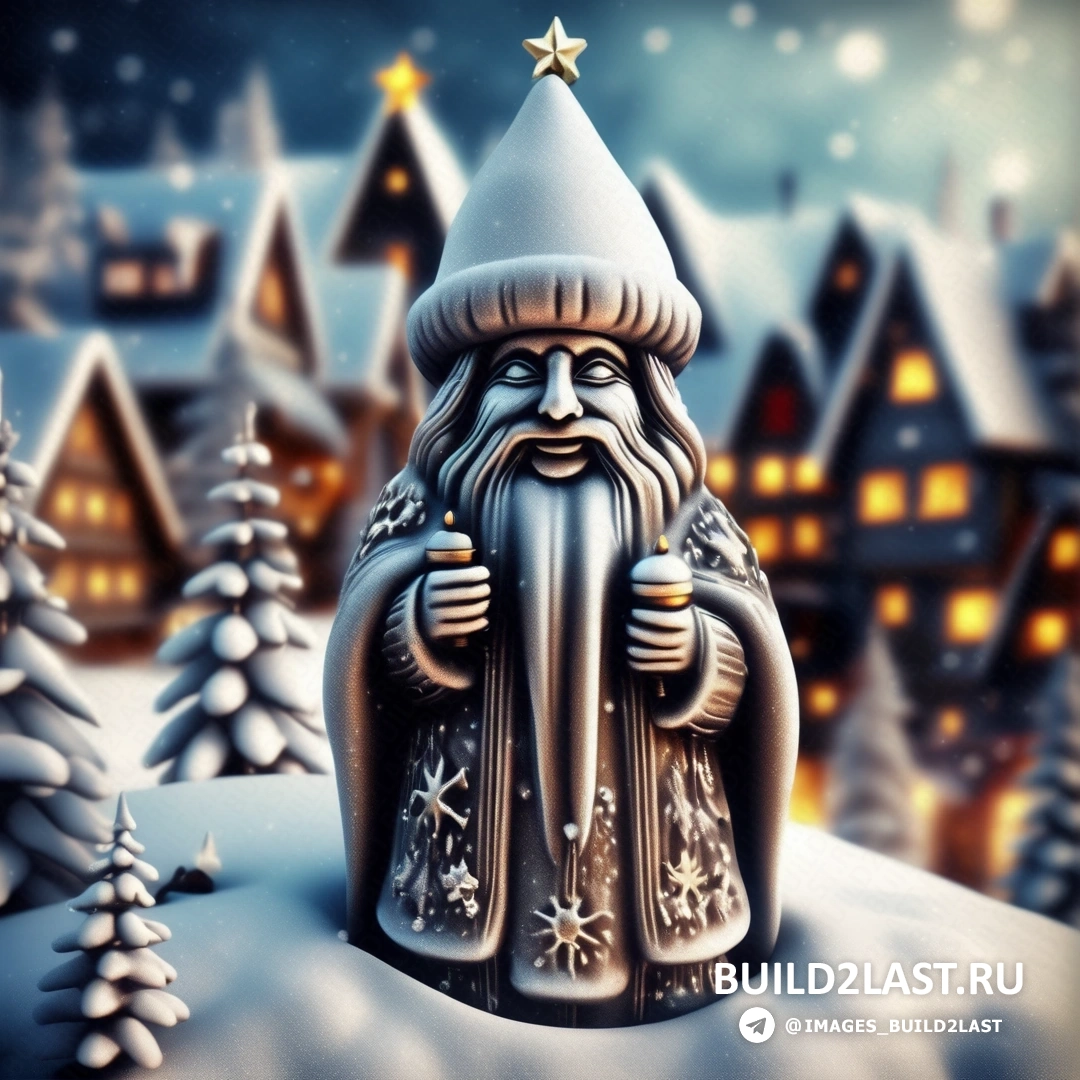 рождественская сцена со статуей Санта-Клауса в снегу и деревней с огнями и снегом