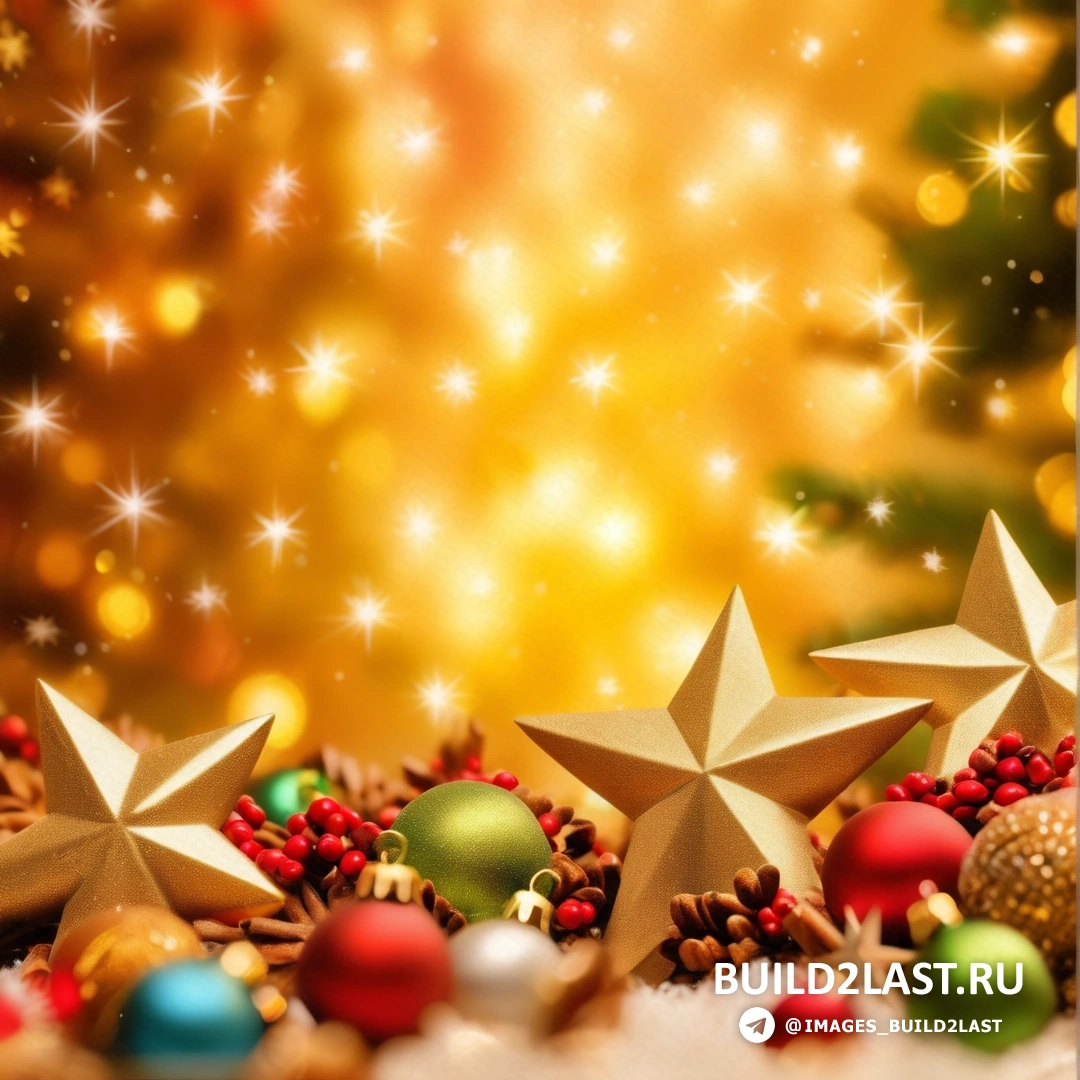 рождественская сцена со звездой и украшениями на земле и золотым фоном со звездами и снежинками