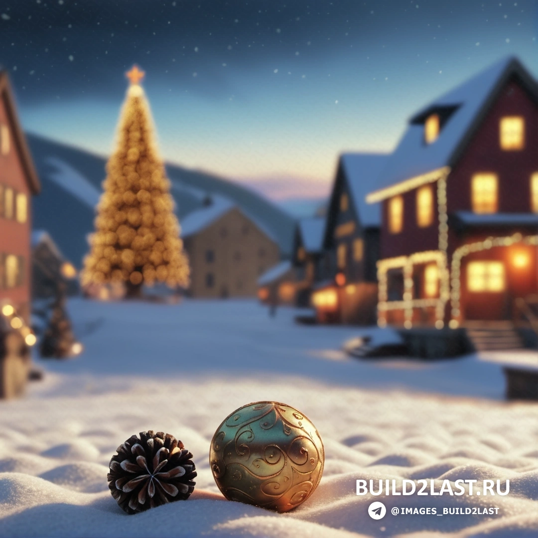 рождественская сцена с елкой и шаром в снегу на фоне дома и освещенной елки