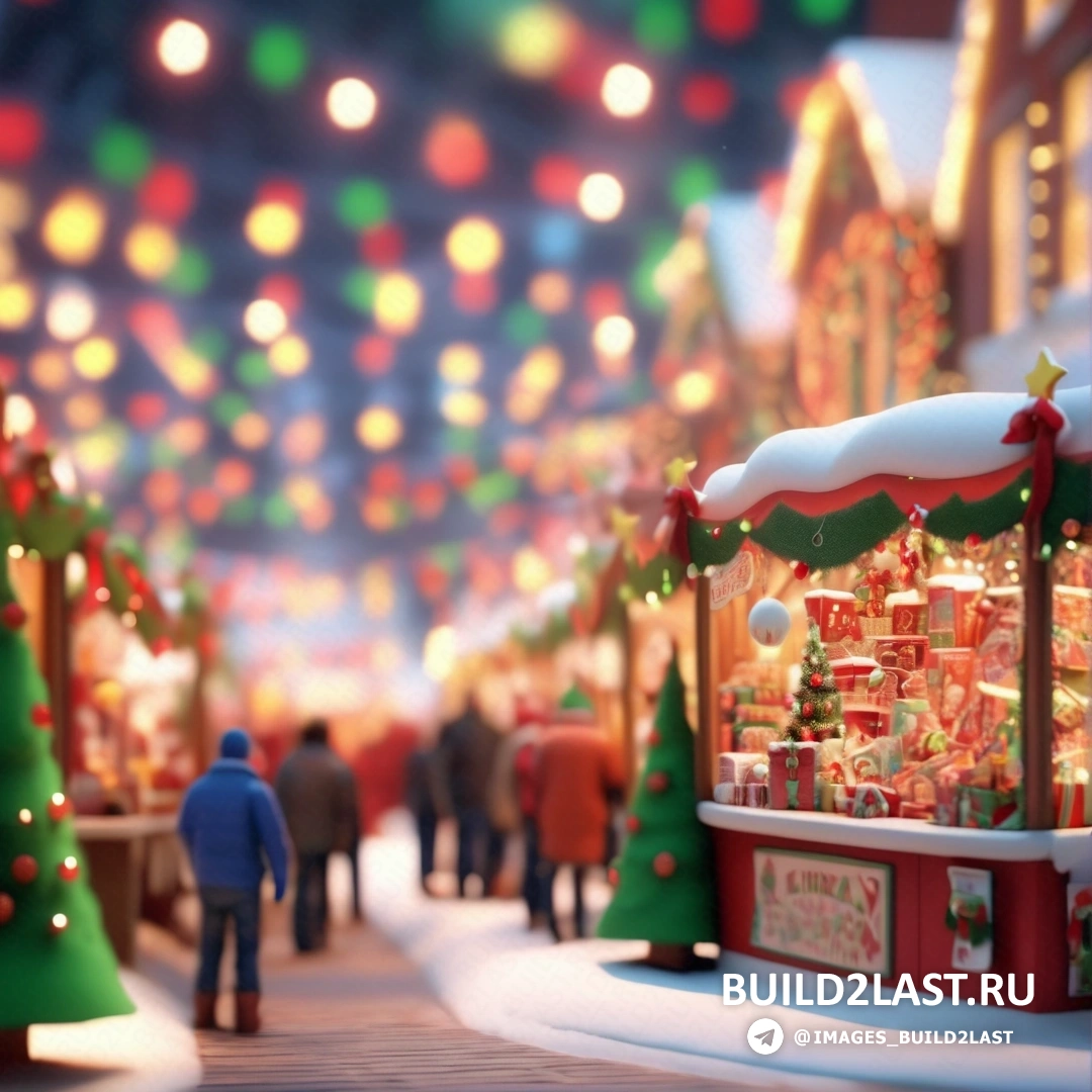 рождественская ярмарка с множеством выставленных огней и украшений и людьми, гуляющими по снегу