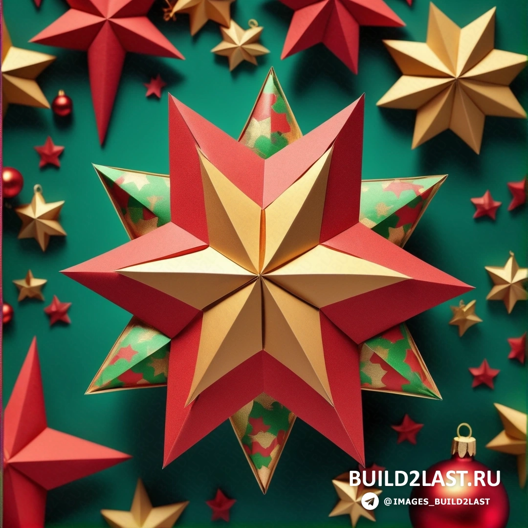рождественская звезда, окруженная красными и золотыми звездами и орнаментами на зеленом фоне