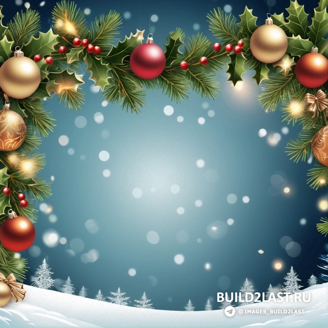 рождественский фон с падубом и безделушками на синем фоне с иллюстрацией снега и снежинок