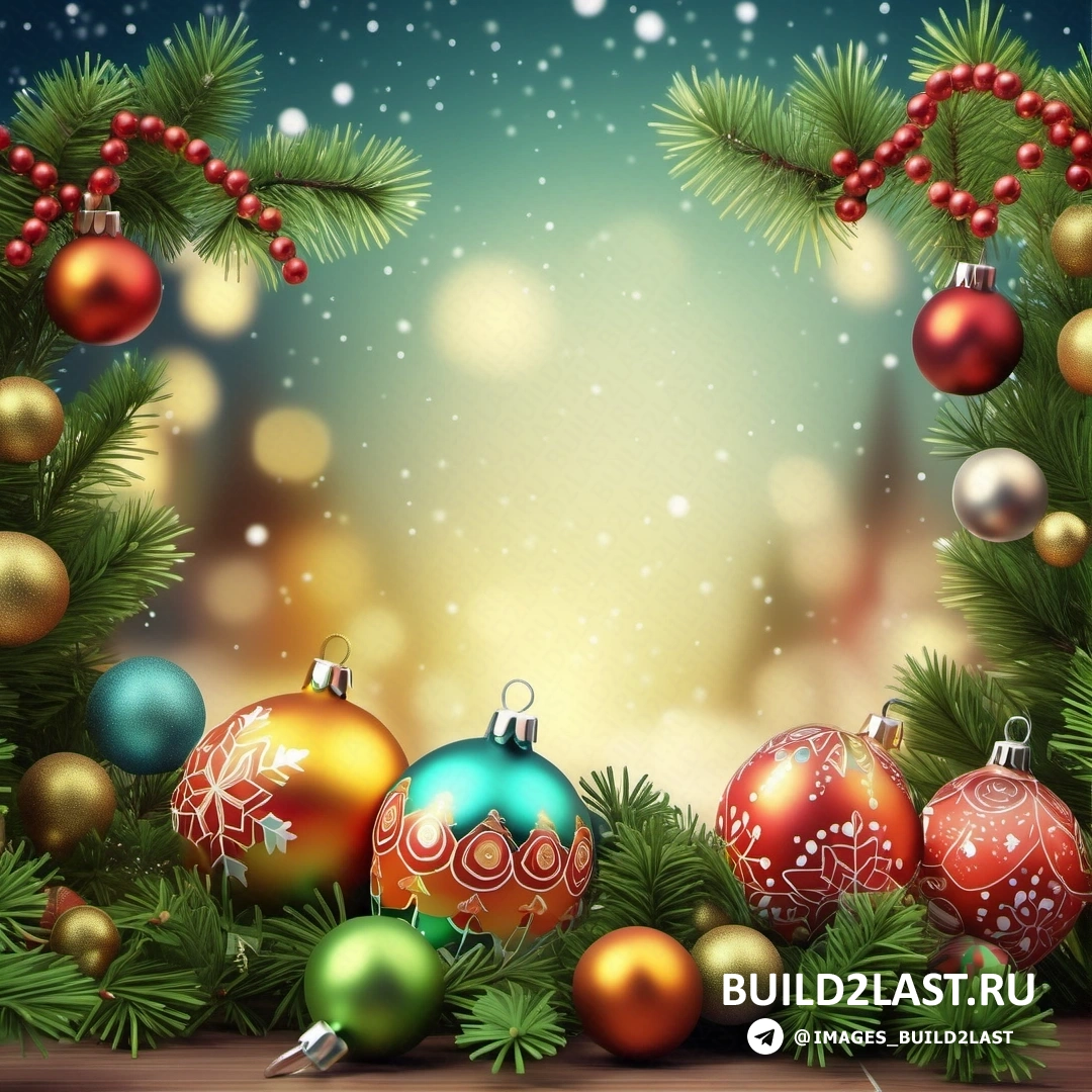 рождественский фон с украшениями и еловыми ветками на деревянном столе с размытым фоном из огней и снега