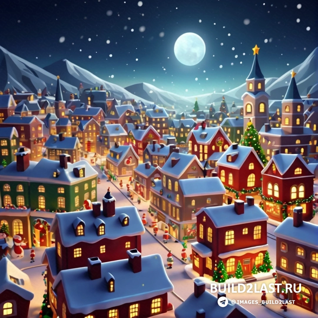 рождественский городок с множеством домов и деревьев в снегу в ночное время при полной луне