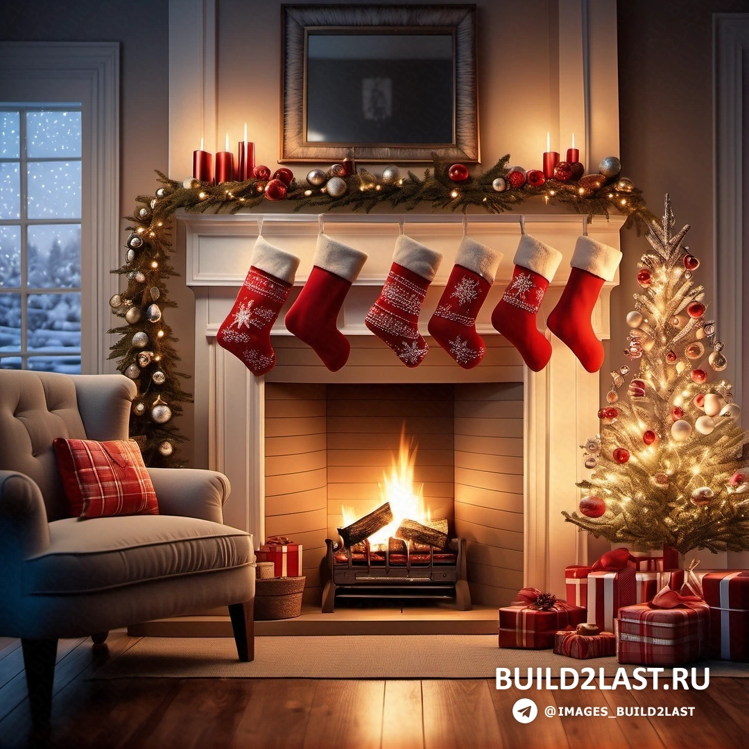 рождественский камин с чулками и чулками, свисающими с мантии, и рождественская елка с подарками под ней и камин с горящим камином