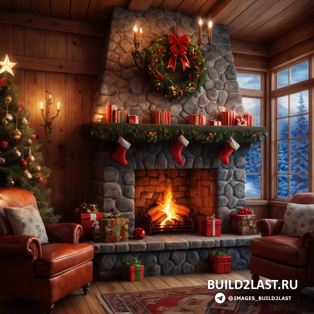 рождественский камин с чулками и чулками и елка в углу комнаты с подарками