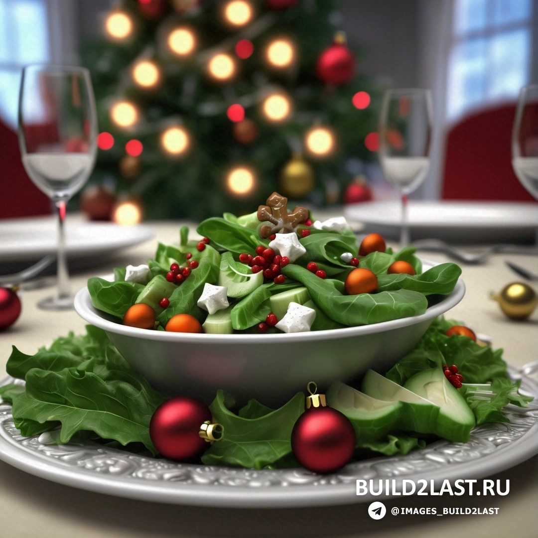 рождественский салат с рождественской елкой и бокалом вина