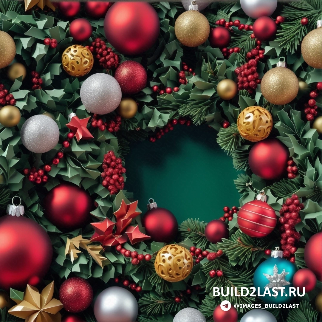 рождественский венок с орнаментом и ветвями падуба, с зеленым фоном и зеленой центральной частью
