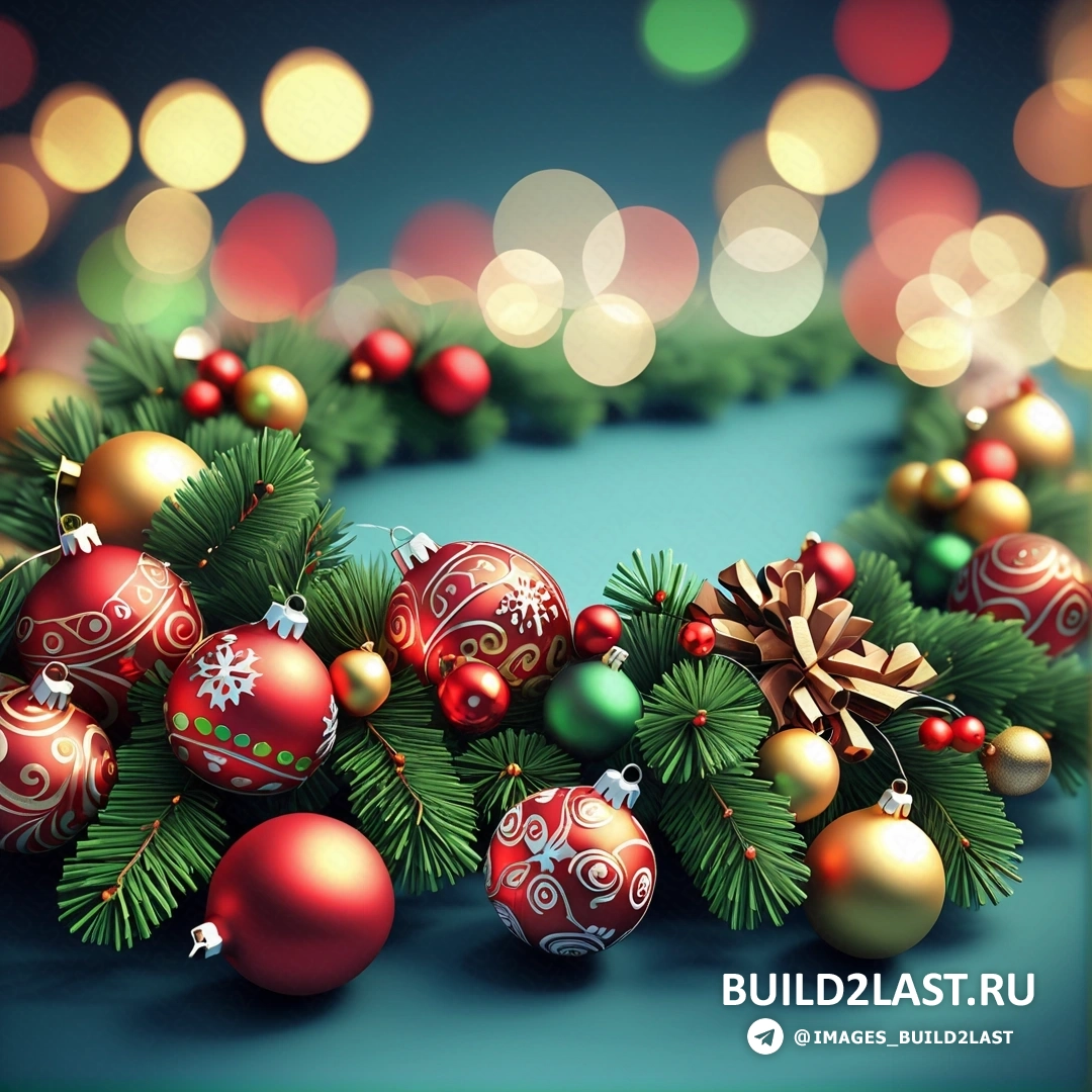 рождественский венок с орнаментом и огнями, с синим фоном и зеленой каймой с красно-золотой лентой