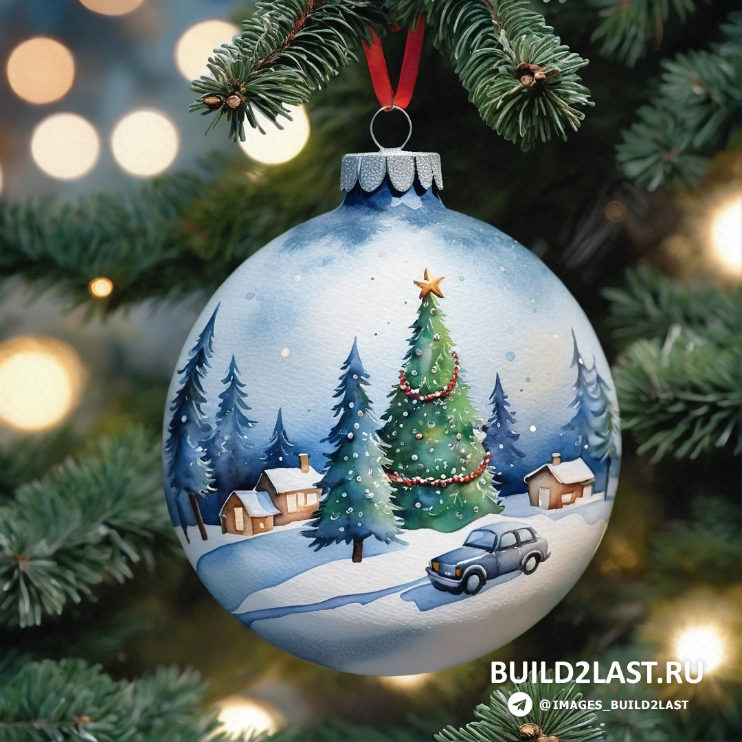 рождественское украшение, свисающее с елки, машина в снегу и дом