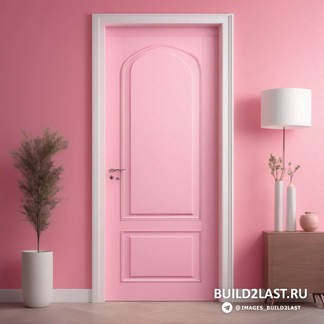Постминимализм - стоковое фото. Розовая дверь в розовой комнате с растением и вазами на полу рядом с ней и лампой.