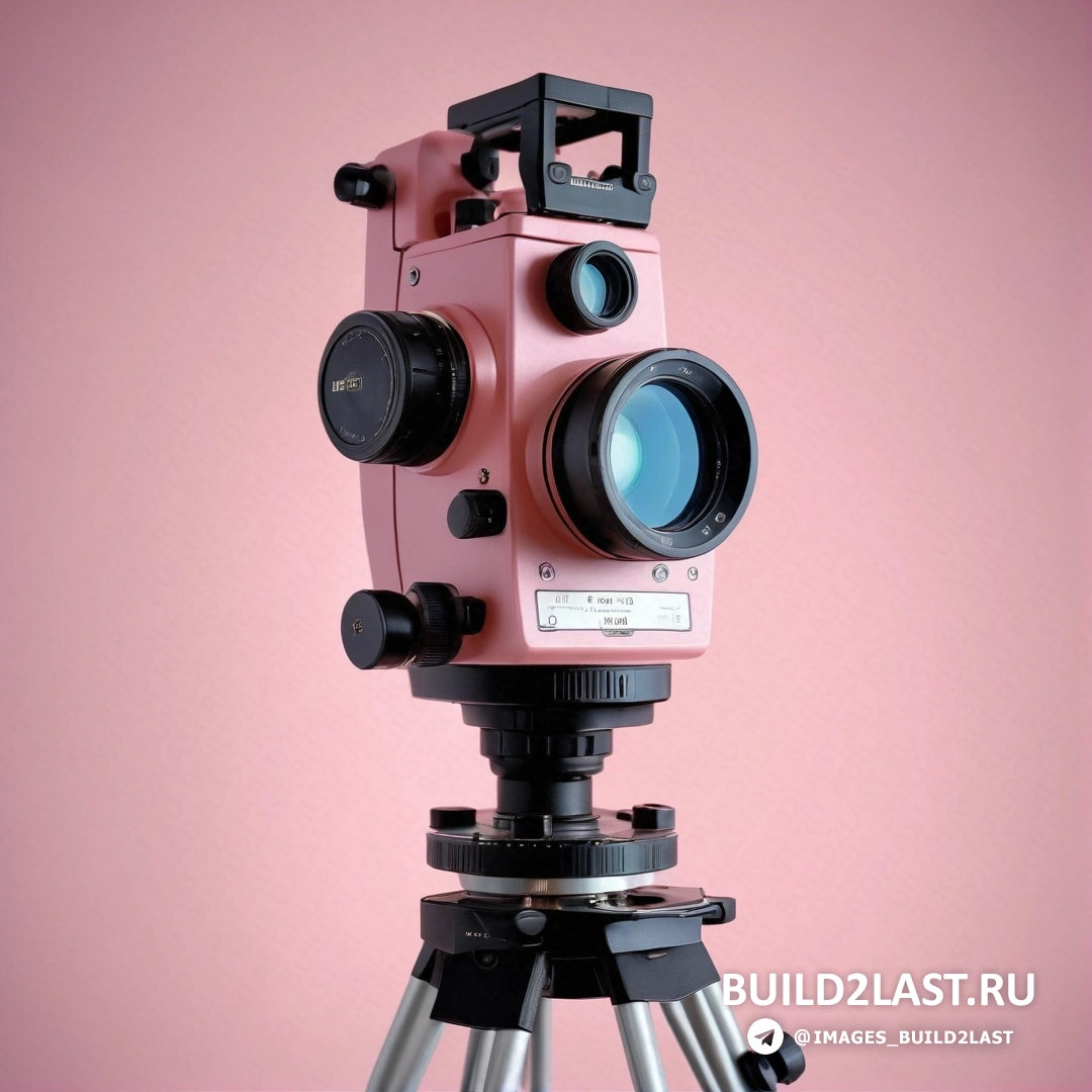 Новая объективность - 3D-рендер. Розовая камера на штативе с розовым фоном