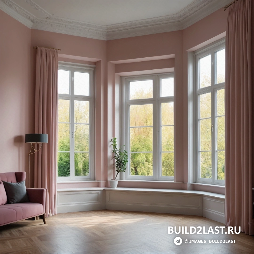 Движение искусств и ремесел - фламандское барокко. Розовая комната с розовым диваном и двумя окнами со шторами на них и растением в горшке в углу
