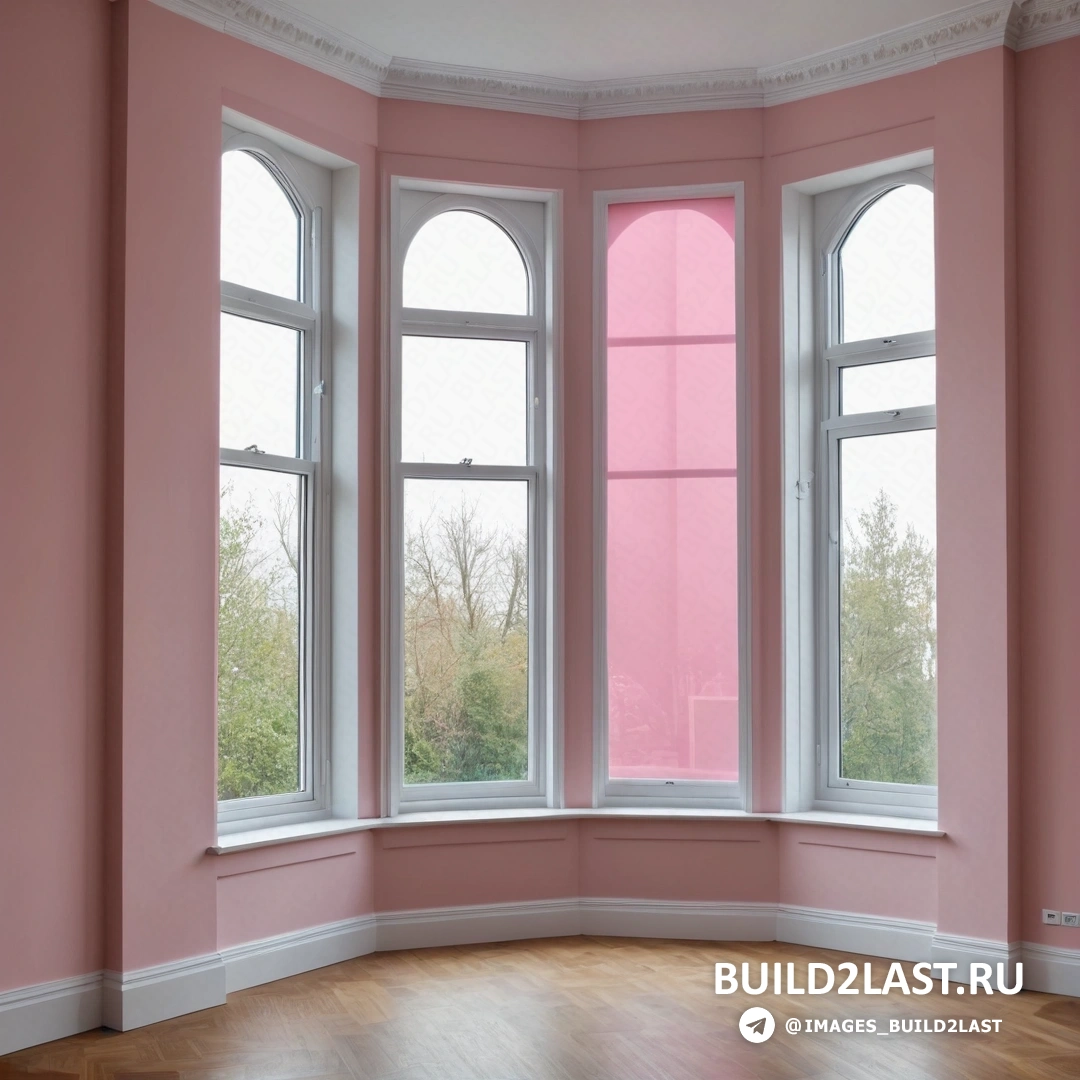 Постминимализм - минималистская живопись. Розовая комната с тремя окнами и деревянным полом в ней с розовой занавеской на подоконнике