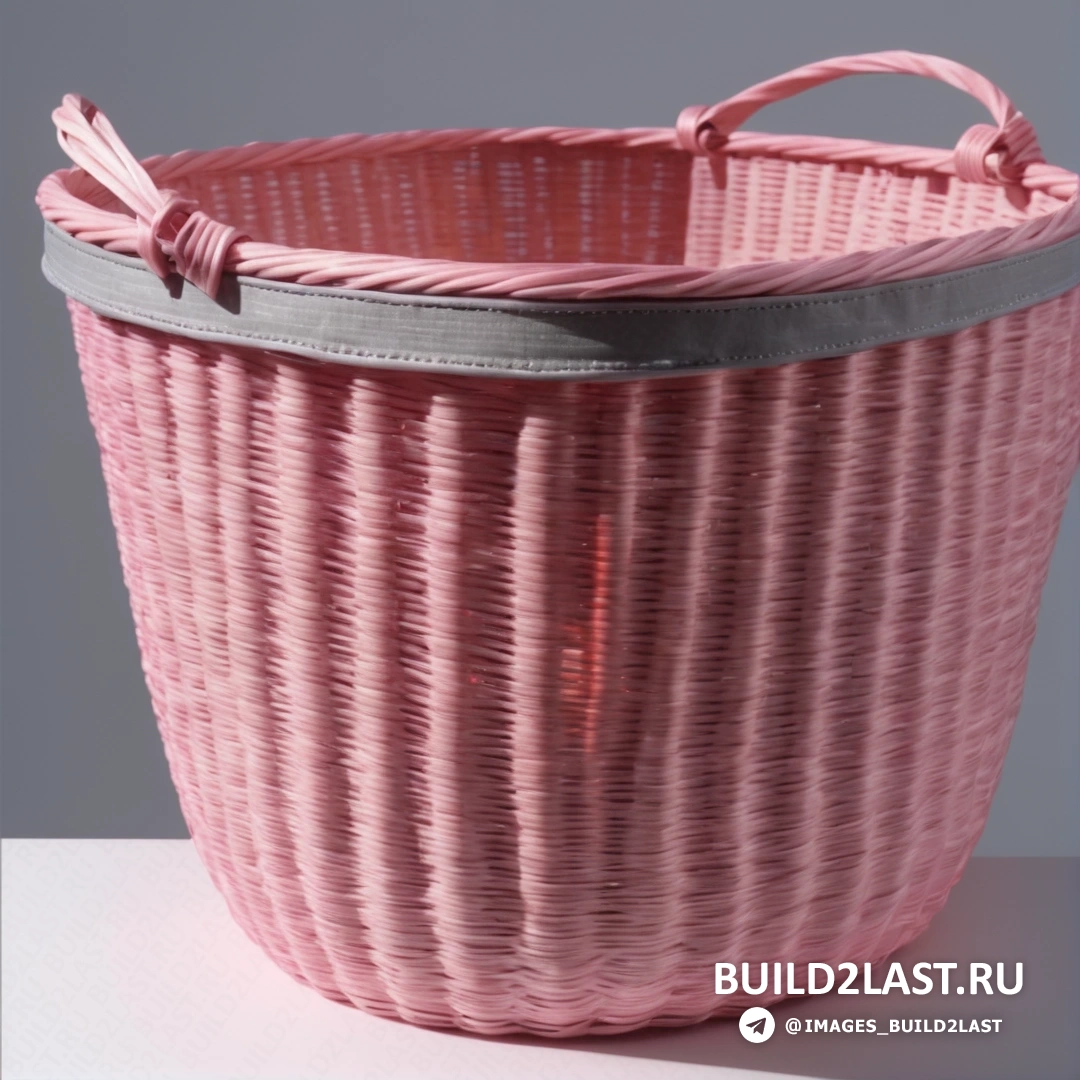 Plasticien - 3D рендер. Розовая корзина с ручкой на белой столешнице на сером фоне.