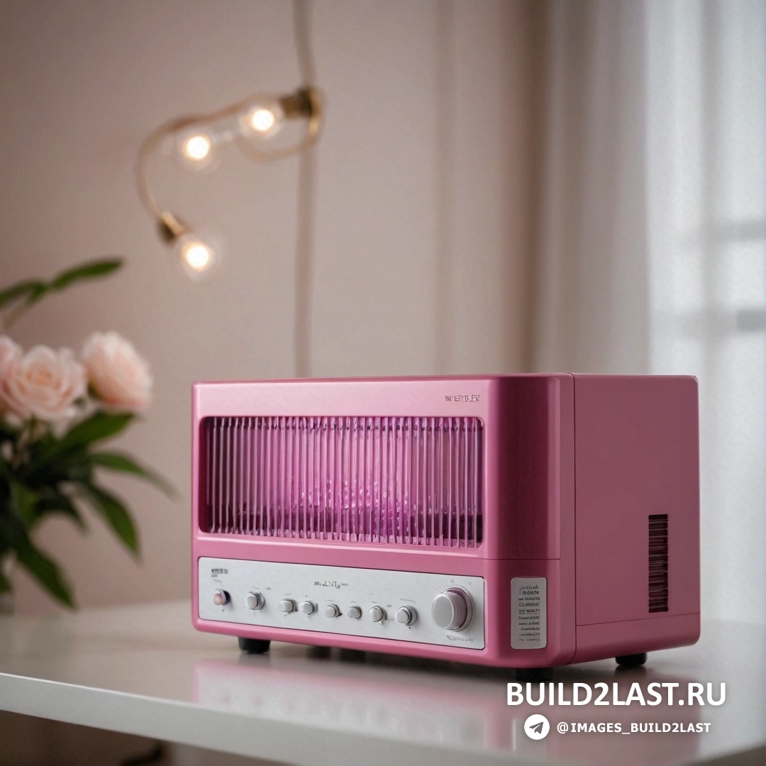 Китчевое движение - голограмма. Розовая микроволновая печь на столе рядом с вазой с цветами