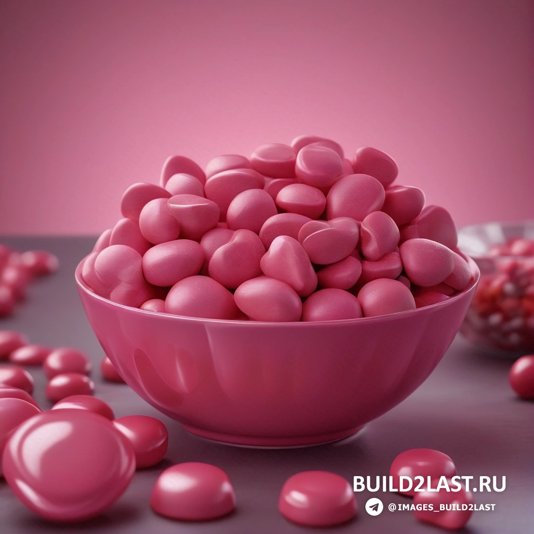 Фотореализм - 3D-рендеринг. Розовая миска, наполненная розовыми конфетными сердечками, на столе рядом с розовой стеной