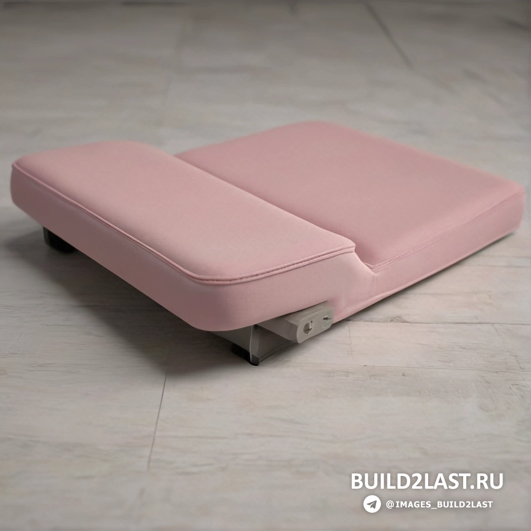 Постминимализм - 3D-рендер. Розовая подушка сиденья на белом кафельном полу с черной металлической рамой и белым шнуром на конце